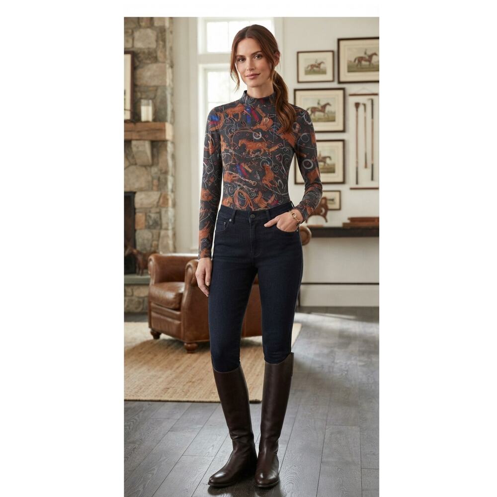 By Anthropologie Equestrian Horse Print Mock Neck Top Ivy League Old Money M